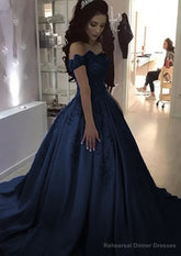 Ball Gown Off-the-Shoulder Sleeveless Sweep Train Satin Prom Dresses With Appliqued Beading